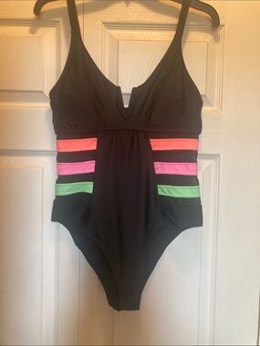 Black One-Piece Swimsuit with Neon Stripe Accents..Popvil..size S